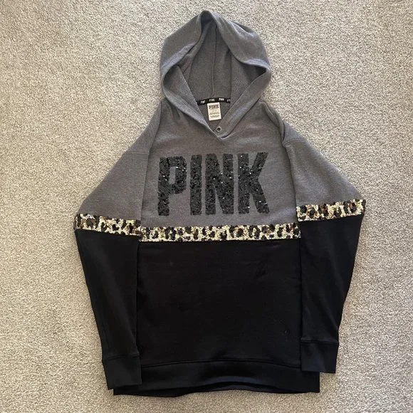 Rare VS Pink Y2K Sequined Cheetah Print Black & Gray Hoodie Small - Picture 5 of 9